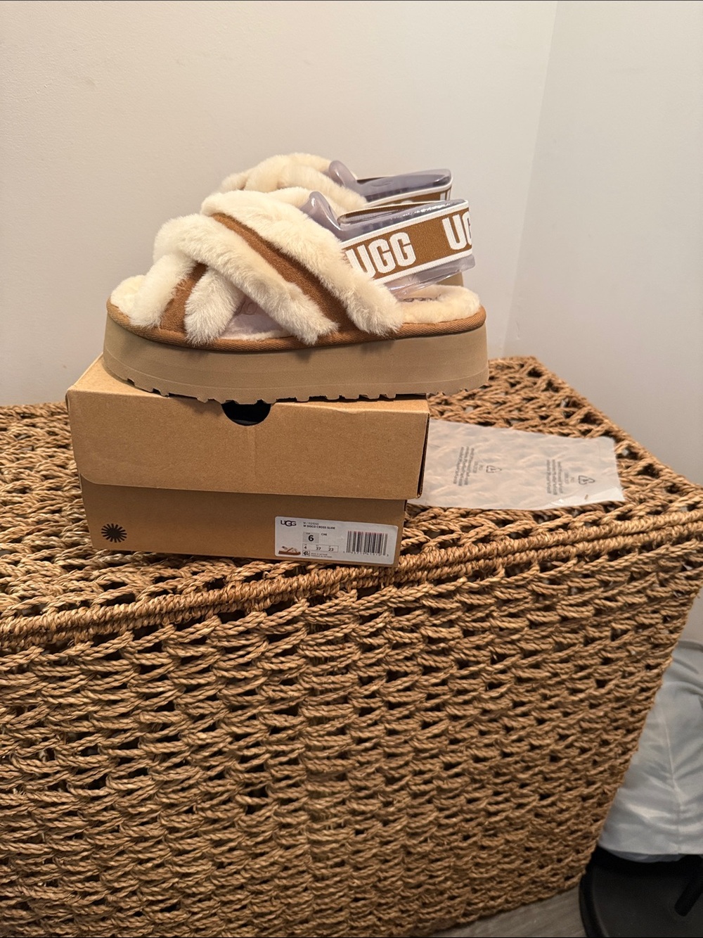 UGG Tan and Cream Fuzzy Crossover Slide